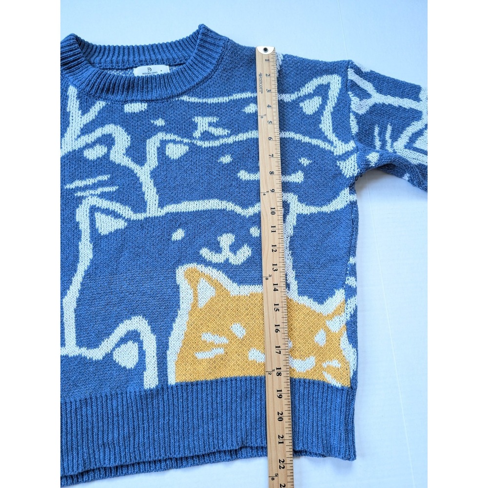 Roven Dino Cat Graphic Sweater Fits Womens Large Blue Boxy - Picture 5 of 6